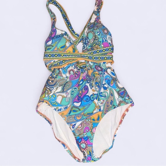 Trina Turk Artistic Blue and Green One Piece Swimsuit - Picture 1 of 5